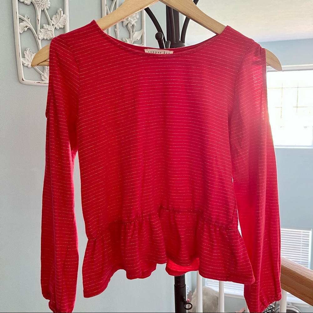🦋 5/$25 BUNDLE • Copper Key Red Cold Shoulder Girls Top with Silver Strands